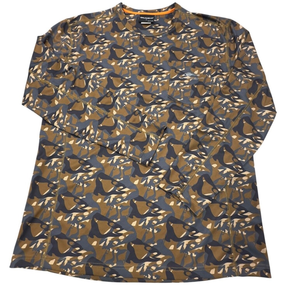 Grundens Performance Shirt Men L Brown Fish Camo Long Sleeve Pocket Tee